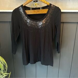 Talbots Women's‎ Black Sequin Three-Quarter Sleeve 100% Cotton Top Size Medium